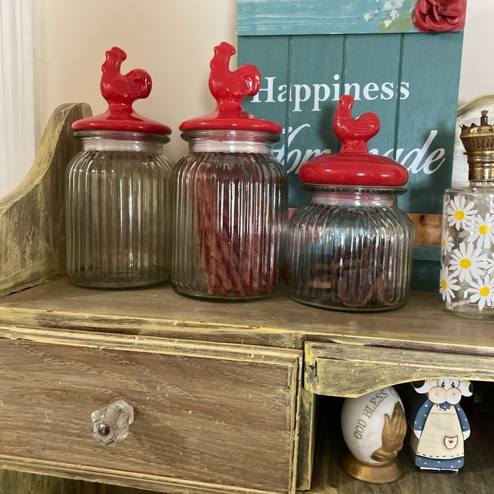 Source Unknown Clear Ribbed Glass Canisters with Red Rooster Lids